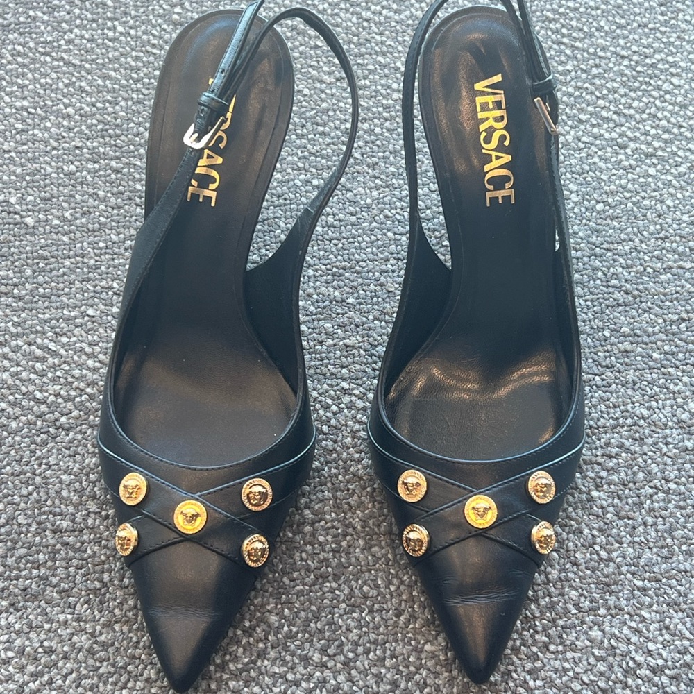 Versace Black and Gold Stiletto Heels with Stud Embellishments